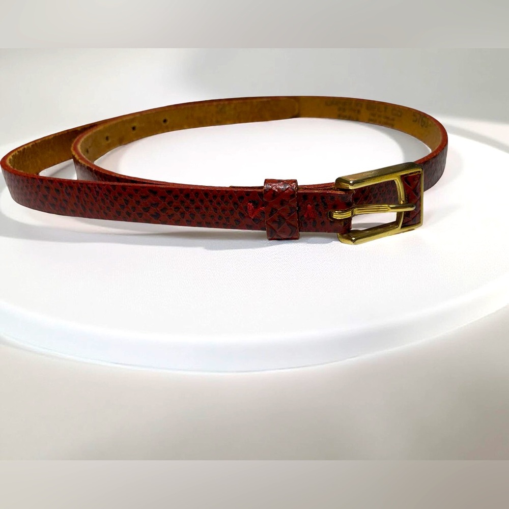 Vintage Canada Belt Company Leather Snakeskin Burgundy Slim Belt Gold Buckle S